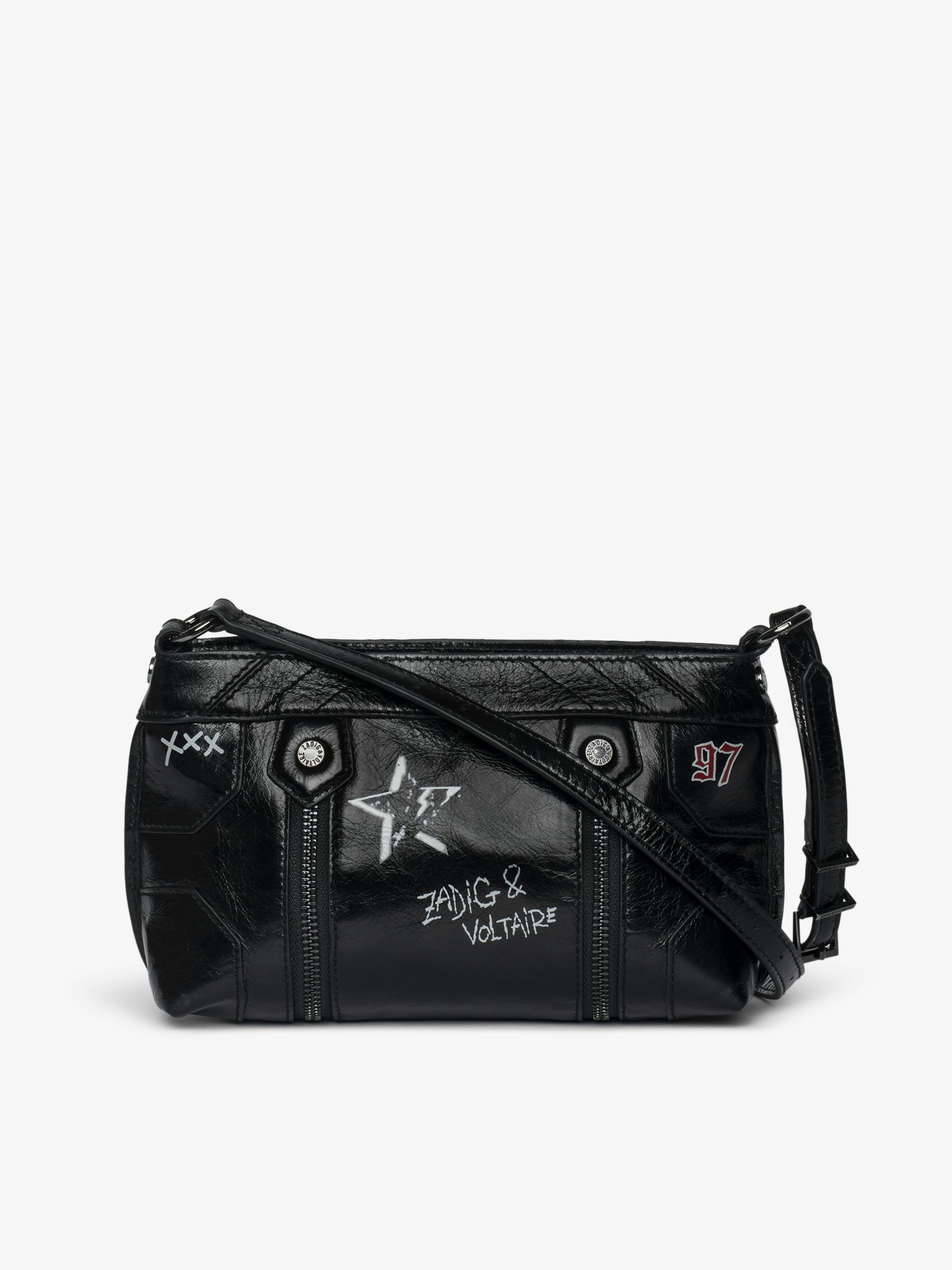 Sunny Mood Punk Bag - Small vintage-inspired patent leather bag with adjustable shoulder strap and punk wings and tag signature.